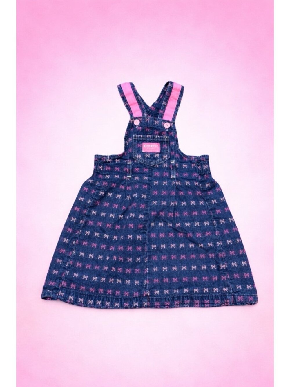 VTG Rare OshKosh B’Gosh Denim Dress 5 Pink Bows & Denim Suspenders Straps
